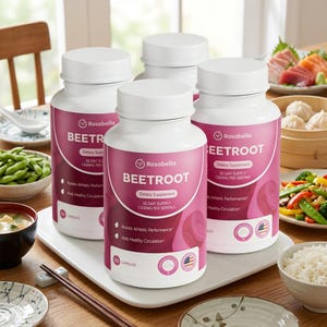 May include: Four white Rosabella Beetroot dietary supplement bottles with pink labels and white caps. The labels read "BEETROOT" and "Dietary Supplement". The bottles are on a white tray, with Asian cuisine in the background.