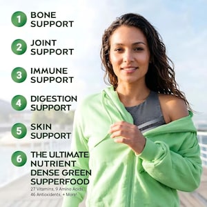 May include: A woman in a light green hooded jacket smiles, with text listing health benefits: Bone, Joint, Immune, Digestion, and Skin Support. The text also mentions a nutrient-dense green superfood with vitamins, amino acids, and antioxidants.