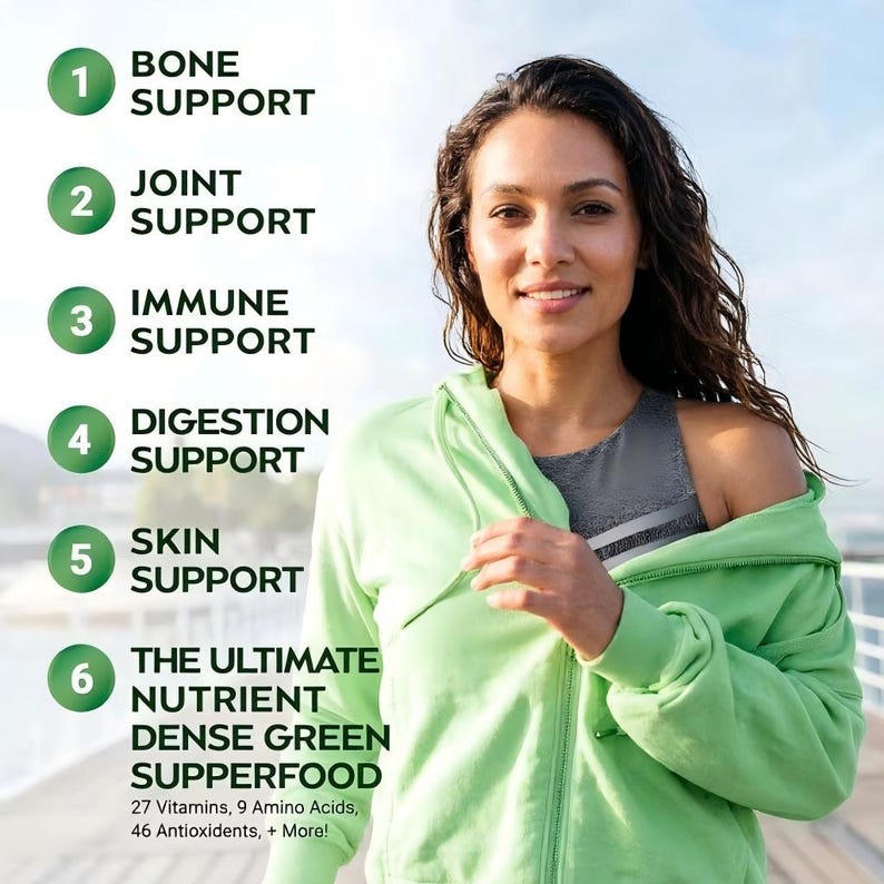 May include: A woman in a light green hooded jacket smiles, with text listing health benefits: Bone, Joint, Immune, Digestion, and Skin Support. The text also mentions a nutrient-dense green superfood with vitamins, amino acids, and antioxidants.