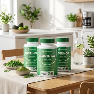 Pode incluir: Tr&ecirc;s frascos brancos de suplemento Rosabella Moringa com r&oacute;tulos e tampas verdes est&atilde;o sobre uma mesa de madeira. Uma pequena tigela de p&oacute; verde e um prato de folhas verdes est&atilde;o em frente aos frascos. Os frascos est&atilde;o rotulados "100% Pure" e "Maximum Potency."