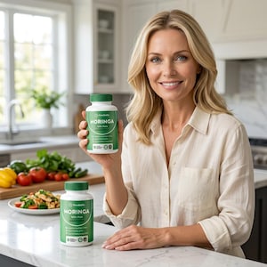 May include: Two white bottles of Rosabella Moringa 100% Pure supplements with green labels and caps. The bottles are held by a person in a light-colored shirt. The background includes a kitchen counter with fresh vegetables and a plate of food.