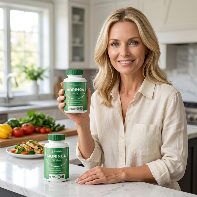 May include: Two white bottles of Rosabella Moringa 100% Pure supplements with green labels and caps. The bottles are held by a person in a light-colored shirt. The background includes a kitchen counter with fresh vegetables and a plate of food.