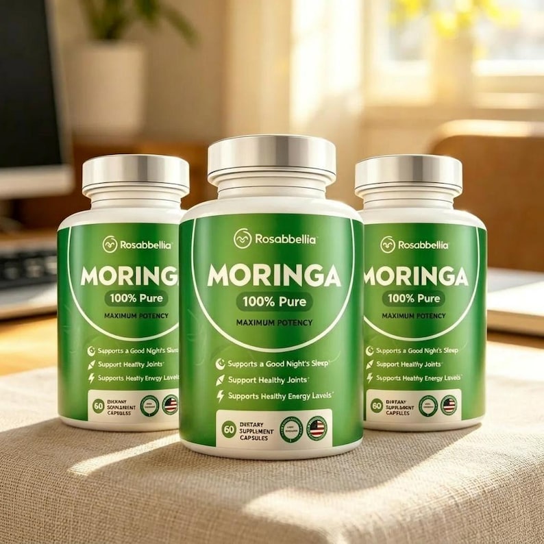 Pode incluir: Tr&ecirc;s frascos de suplemento Rosabbellia Moringa. Cada frasco &eacute; verde e branco, com a palavra "MORINGA" em letras grandes. Os frascos indicam "100% Pure" e "Maximum Potency". Cada frasco cont&eacute;m 60 c&aacute;psulas.