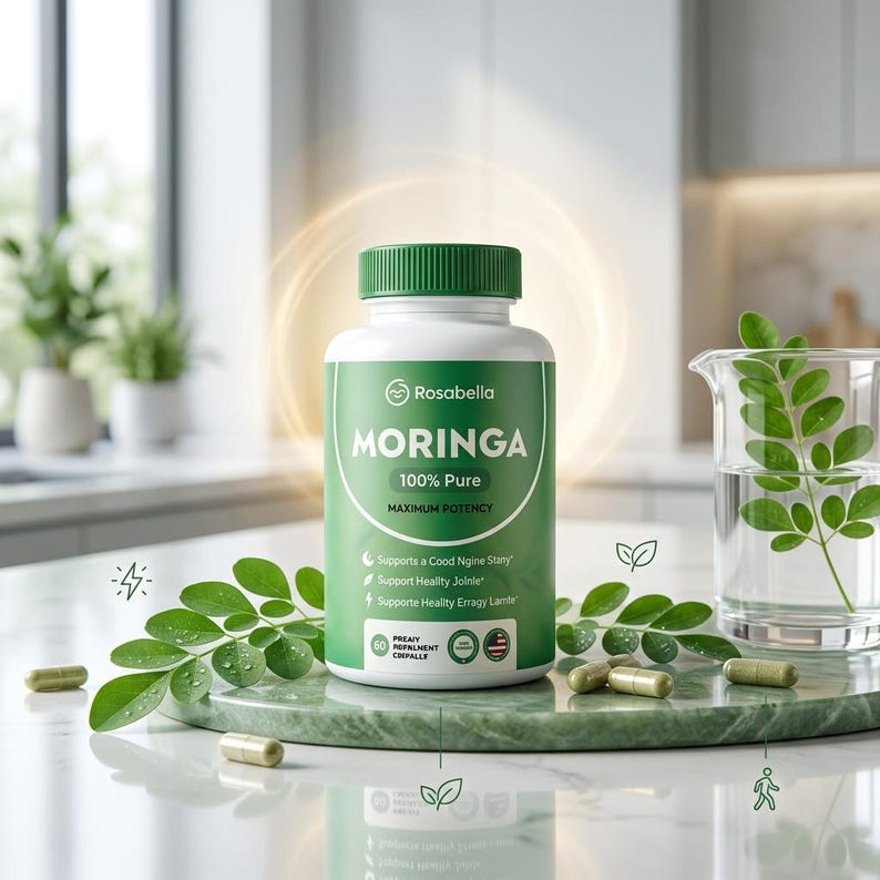 May include: A white and green Rosabella Moringa supplement bottle with a green lid. The bottle is labeled "MORINGA 100% Pure" and contains 60 capsules. Green capsules and moringa leaves are scattered around the bottle on a green marble surface.