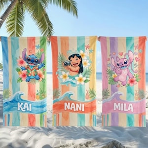 Toalla de playa personalizada de Stitch, toalla de playa personalizada con personajes de Lilo & Stitch, toalla para niños, regalo de cumpleaños, toalla de baño de verano personalizada imagen 1