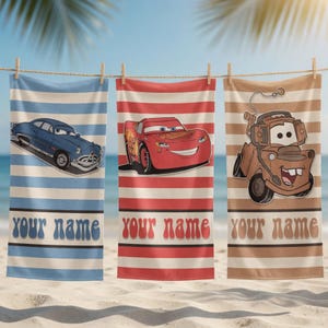 Custom Cars Lightning McQueen Beach Towel, Pixel Cars Beach Towel, Custom Name Family Vacation Towel, Disneyland Family Matching Towel Bild 1