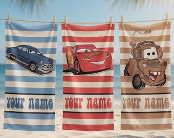 Custom Cars Lightning McQueen Beach Towel, Pixel Cars Beach Towel, Custom Name Family Vacation Towel, Disneyland Family Matching Towel
