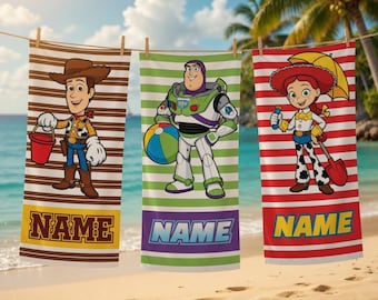 Personalized Toy Story Beach Towel, Custom Name Woody Buzz Lightyear Jessie Pool Towel, Family Towel, Disneyland Family Matching Towel