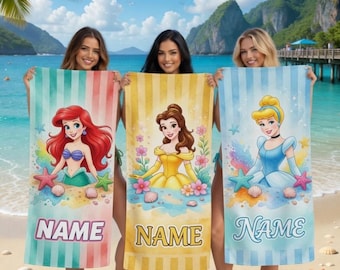 Personalized Summer Vacation Beach Towel, Disneyland Princess Beach Towel, Snow White, Belle, Cinderella beach towel, Custom Princess Towel