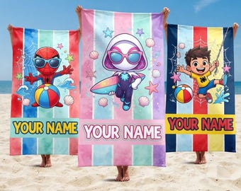Personalized Spider-Man Beach Towel, Custom Name Microfiber Pool Towel, Summer Pool Beach Tower