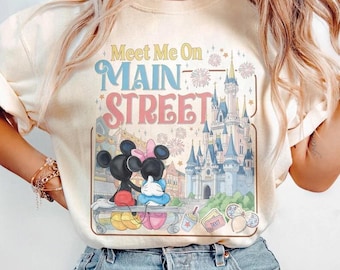 Retro Mickey Minnie Meet Me On Main Street Shirt, Main Street Park Shirt, Disneyworld Trip Shirt, DisneyCouple Shirt, Family Matching Shirt