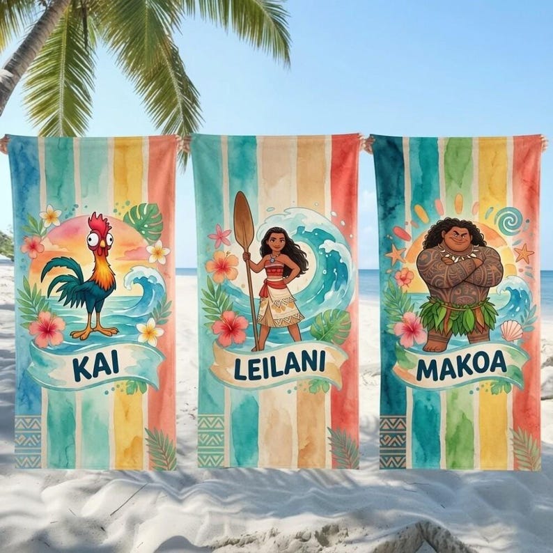 Custom Name Moana Maui Hei Hei Summer Towel, Personalized Moana Beach Towel, Polynesian Princess Kids Pool Towel afbeelding 1