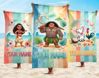 Custom Moana Movie Beach Towel, Moana Pua Maui Beach Towel, Beach Towel, Moana Characters Tropical Hawaii Towel, Summer Towel