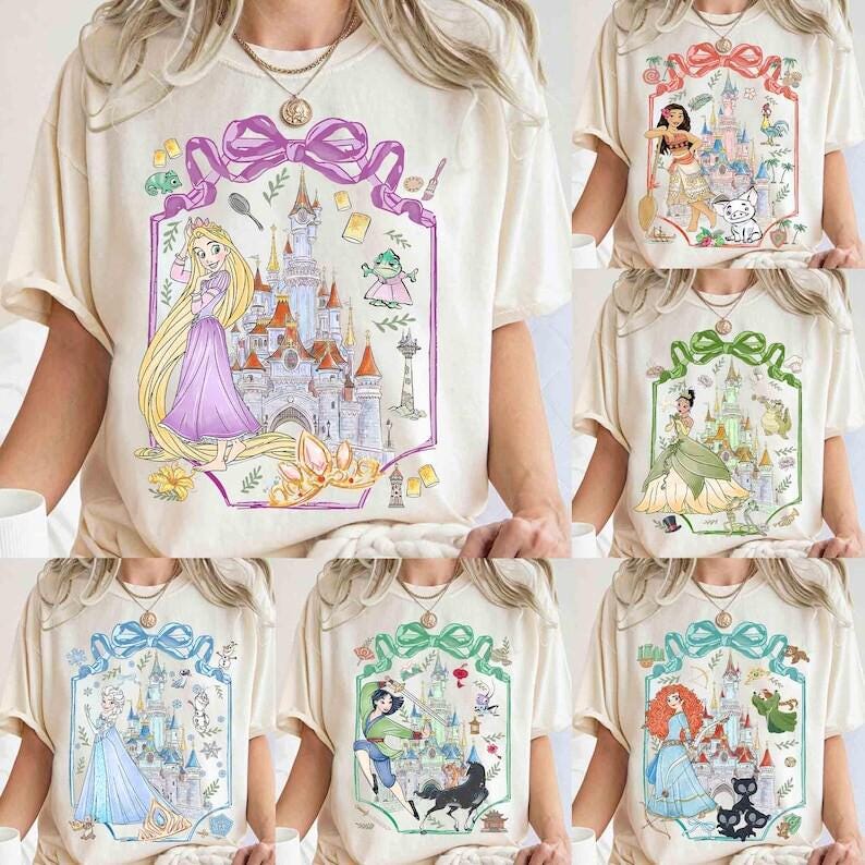 Coquette Bow Disneyland Princess Vintage Shirt, Belle Ariel Elsa Cinderella, Magic Kingdom Magical Castle Tee, Disneytrip Girl Gift image 1
