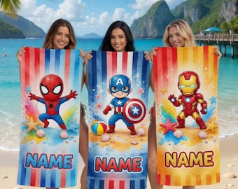 Personalized Disneyland MCU Characters Beach Towel, Custom Name Superhero Kids Towel