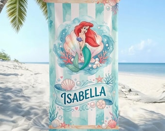 Personalized Disneyland The Little Mermaid Beach Towel, Ariel Princess Summer Beach Trip Towel, WDW disney Family Summer