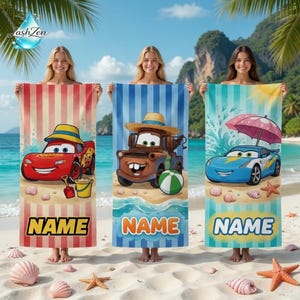 Personalized Disneyland Cars Movie Beach Towel, McQueen Tow Mater Sally Towel, Cars Movie Lover Gift beach towel, Disneyland beach Towel image 1