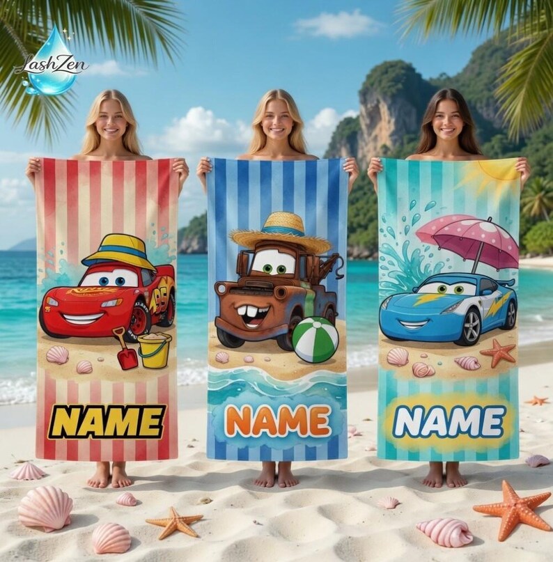 Personalized Disneyland Cars Movie Beach Towel, McQueen Tow Mater Sally Towel, Cars Movie Lover Gift beach towel, Disneyland beach Towel image 1