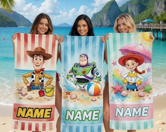 Personalized Toy Story Beach Towel, Custom Name Woody Buzz Lightyear Jessie Pool Towel, Kids Vacation