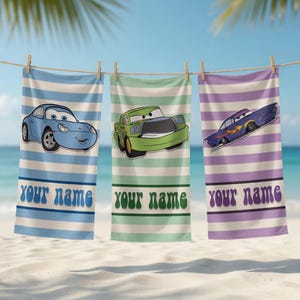 Personalized Disneyland Pixel Cars Movie Beach Towel, McQueen Tow Mater Towel, Kids beach towel, Disneyland Family Matching Towel 画像 1