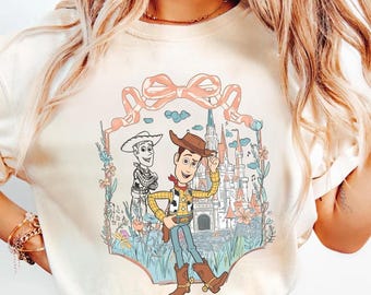 Woody Coquette Bow Disneyland Comfort Colors Tee, Watercolor Coquette Bow Toy Story Characters Tee, Family Matching Shirt,