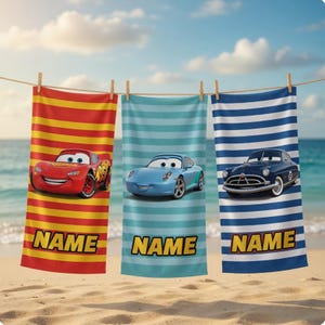 Custom DisneyCars Beach Towel, Cars Lightning McQueen Beach Towel, Pixar Cars Beach Towel, Family Vacation Towel, Family Matching Towel image 1