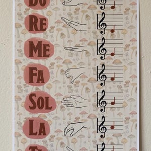 Op de afbeelding: Een rechthoekige educatieve poster met een lichtbeige achtergrond en een herhalend paddenstoelenpatroon. Het toont de solfège-lettergrepen Do, Re, Me, Fa, Sol, La, Ti in bruin, naast bijbehorende handgebaren en muzikale notatie.