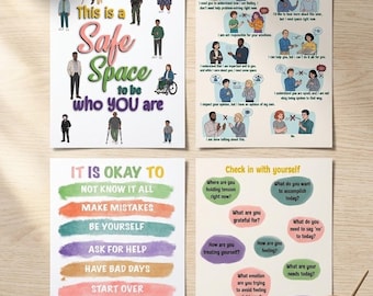 Può includere: Quattro poster educativi con illustrazioni e testo. Uno riporta This is a Safe Space to be who YOU are, un altro Boundaries sound like, un terzo IT IS OKAY TO e il quarto Check in with yourself, con vari suggerimenti e figure.
