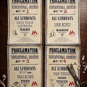 May include: Four vintage-style proclamation posters with text and illustrations. Each poster features the words "Proclamation, Educational Decree" and a number. The posters have a parchment-like appearance, with text in black and red.