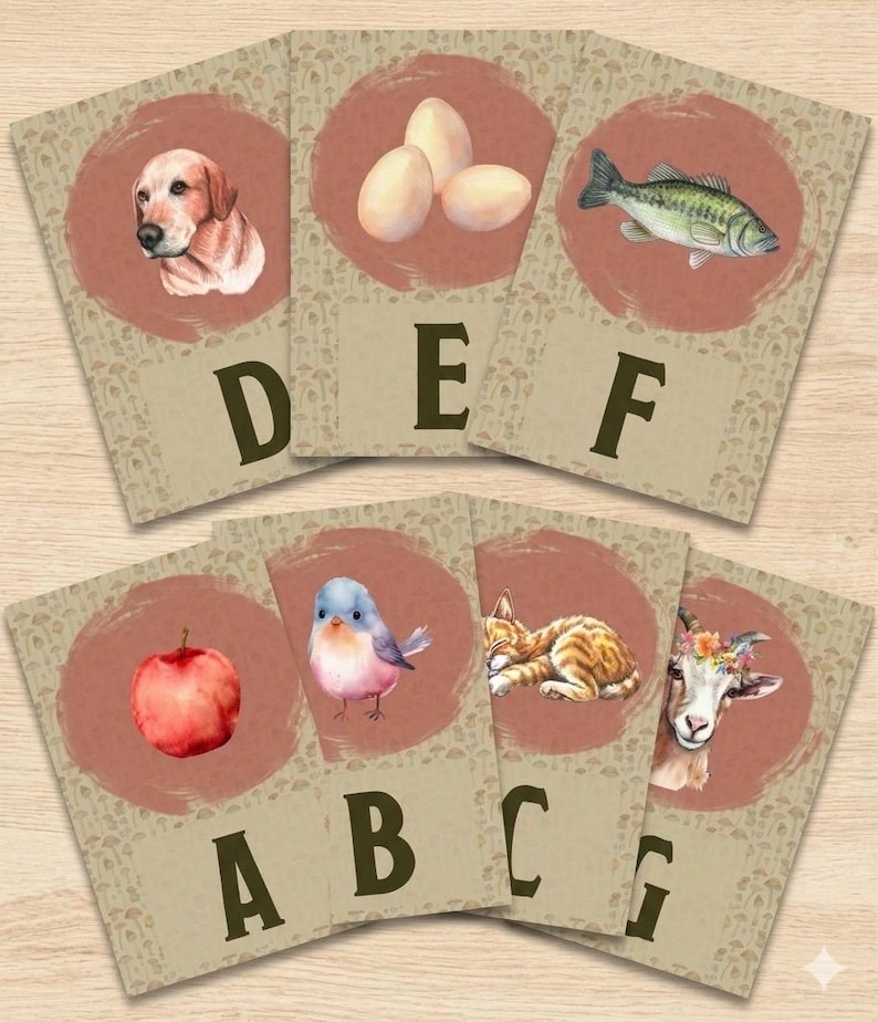May include: A set of seven rectangular educational cards featuring a beige background with a mushroom pattern. Each card displays a letter from A to G in dark brown, paired with a watercolor illustration of a dog, eggs, fish, apple, bird, cat, or goat.