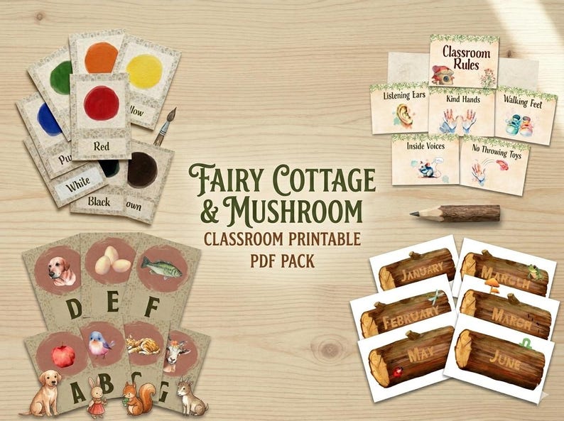 May include: A classroom printable PDF pack with a fairy cottage and mushroom theme. Includes color cards, alphabet cards, classroom rules, and monthly calendar cards. The cards feature illustrations of animals, objects, and text.