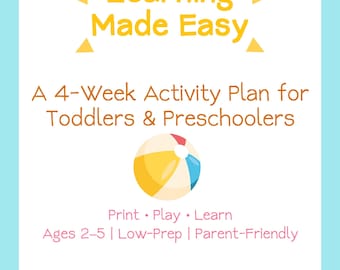 Può includere: Volantino azzurro con il testo "Summer Learning Made Easy" e "A 4-Week Activity Plan for Toddlers & Preschoolers". Include una grafica di pallone da spiaggia, palme e le frasi "Print • Play • Learn" e "Ages 2-5 | Low-Prep | Parent-Friendly".