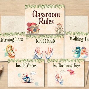 May include: Watercolor classroom rules cards with illustrations and text. Cards include "Classroom Rules", "Listening Ears", "Kind Hands", "Walking Feet", "Inside Voices", and "No Throwing Toys". The cards have a beige background with a green leaf border.
