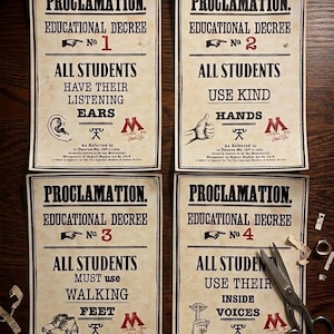 May include: Four rectangular paper posters titled Proclamation Educational Decree No. 1, 2, 3, and 4. Each features black text on a beige background with red numbering, illustrations of an ear, hand, shoe, and finger over lips, and a red M logo.
