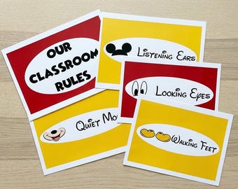 Può includere: Un set di schede delle regole della classe con uno schema di colori rosso e giallo. Le schede presentano testo come "Le nostre regole della classe", "Orecchie che ascoltano", "Occhi che guardano", "Bocca silenziosa" e "Piedi che camminano". Le schede hanno un bordo bianco.