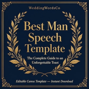 Op de afbeelding: Een donkerblauw digitaal sjabloon met gouden tekst die WeddingWordsCo, Best Man Speech Template, The Complete Guide to an Unforgettable Toast en Editable Canva Template — Instant Download leest, omlijst door een gouden lauwerkrans.