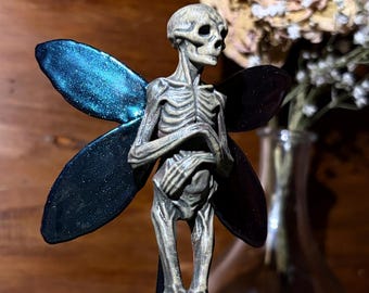 Gothic Fairy Skeleton Sculpture Under Glass Dome – Dark Academia Curiosity Cabinet