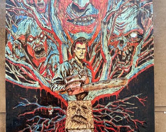 Evil Dead 2 Inspired Wood Burned Art | Horror Pyrography Wall Art | Chainsaw Hero Fan Art on Wood Panel | Cabin Horror Decor