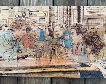 Cheers TV Show Wood Burned Art – Pyrography Bar Scene Wall Decor (16" x 11")