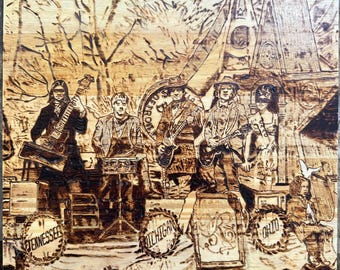 Raconteurs Consoler of the Lonely Wood Burning Art | Vintage Band Pyrography Concert Scene