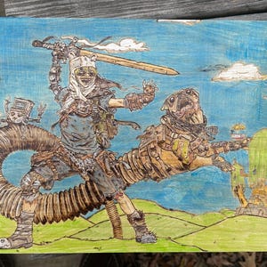 May include: A colorful illustration depicts a warrior figure with a sword riding a dog-like creature. The artwork features a blue sky with clouds, green hills, and a whimsical, cartoonish style. The warrior is clad in armor.