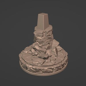 May include: A monochromatic light brown 3D model of a trig point monument. The structure features a smooth, tapered square pillar resting atop a circular base composed of stacked, irregular rock-like textures and jagged stone formations.