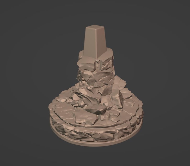 May include: A monochromatic light brown 3D model of a trig point monument. The structure features a smooth, tapered square pillar resting atop a circular base composed of stacked, irregular rock-like textures and jagged stone formations.
