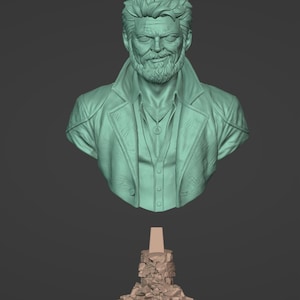 May include: A light green 3D digital sculpt of a bust featuring a man with a short beard, textured hair, and a smirk. The figure wears a collared jacket over a buttoned shirt with a pendant necklace. Below the bust is a separate brown stone-like base.