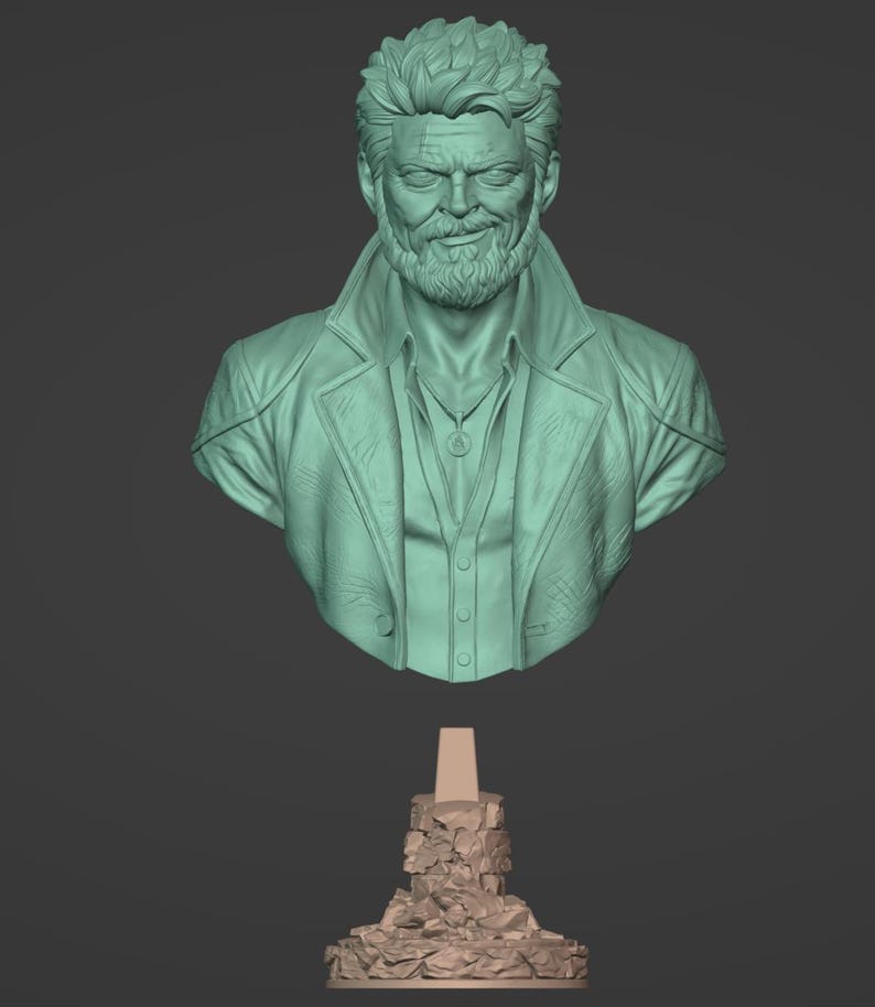 May include: A light green 3D digital sculpt of a bust featuring a man with a short beard, textured hair, and a smirk. The figure wears a collared jacket over a buttoned shirt with a pendant necklace. Below the bust is a separate brown stone-like base.