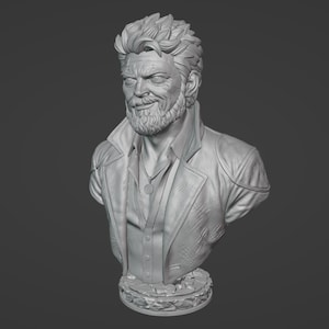 May include: A monochromatic gray bust sculpture of a middle-aged individual with a short, textured hairstyle and a full beard. The figure wears a collared jacket over a button-down shirt with a small circular pendant necklace resting on the chest.