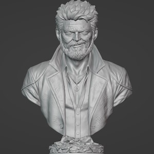 May include: A monochromatic gray bust sculpture of a middle-aged individual with a textured beard, short spiky hair, and a scar above the right eye. The figure wears a collared jacket over a buttoned shirt and a circular pendant necklace on a chain.
