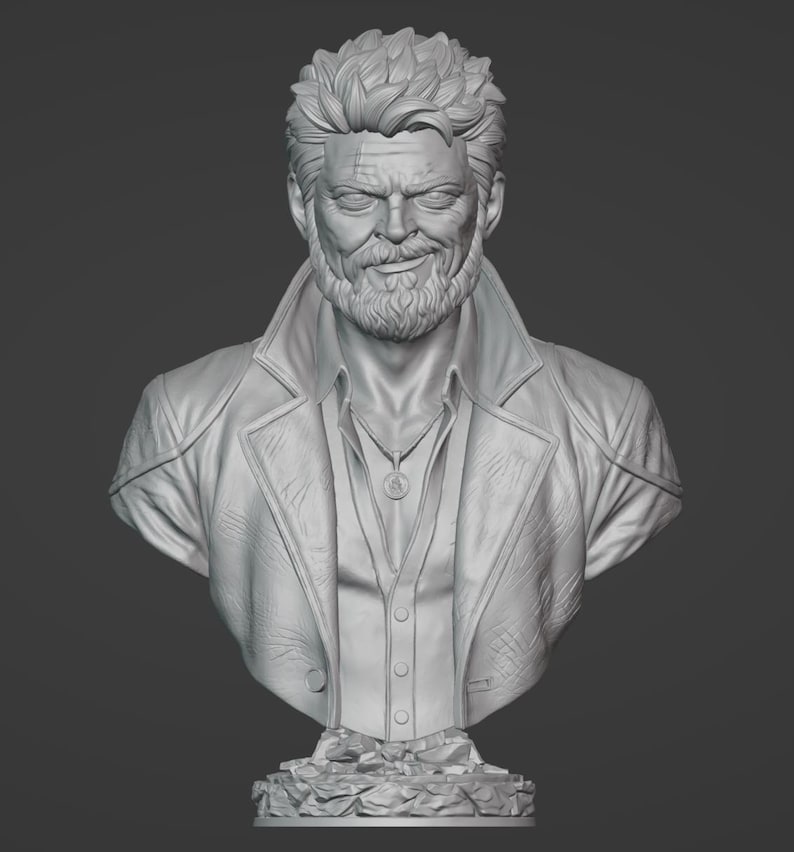 May include: A monochromatic gray bust sculpture of a middle-aged individual with a textured beard, short spiky hair, and a scar above the right eye. The figure wears a collared jacket over a buttoned shirt and a circular pendant necklace on a chain.