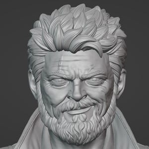 May include: A gray 3D digital sculpture of a human head featuring a textured, spiky hairstyle, a thick beard, and a prominent scar on the forehead. The facial expression includes deep-set eyes, defined wrinkles, and a subtle, asymmetrical smirk.