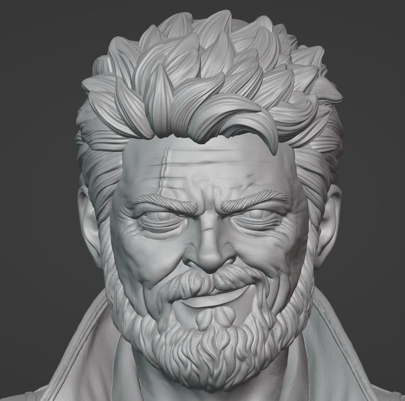 May include: A gray 3D digital sculpture of a human head featuring a textured, spiky hairstyle, a thick beard, and a prominent scar on the forehead. The facial expression includes deep-set eyes, defined wrinkles, and a subtle, asymmetrical smirk.